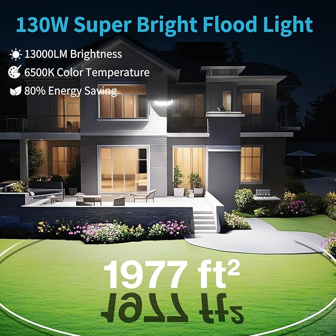 Olafus 130W Flood Light Outdoor, Switch Controlled 13000LM LED Security Light, IP65 Waterproof Outside Floodlight with 5 Adjustable Heads, 6500K Exterior Flood Light Fixture Wired for House Yard Black