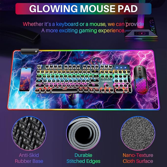 XL Led Gaming Mouse Pad with 14 Light Modes - Light Up Gamer Mouse Pad,31.5 x 11.8in Non-Slip Gamepad Style RGB Large Gamer Mousepad,Black Long Glowing Gaming Accessories for Desk,Waterproof