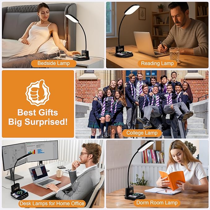 Desk Lamp, Bedside Table Lamps with Wireless Charger and Clock, 30Mins Auto-Off Night Light Lamp, 3 Color Modes Dimmable Touch 800LM CRI 95, LED Desk Lamps for Home Office, Adapter Included