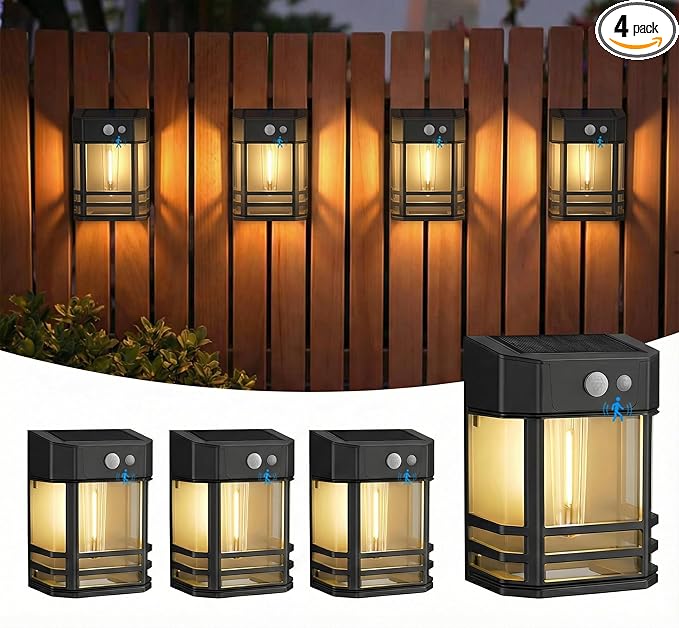 btfarm Solar Fence Lights, 4 Pack Motion Sensor Lights Outdoor, 3 Lighting Modes Dusk to Dawn Solar Deck Lights, IP65 Waterproof for Fence Post Wall Stairs Patio Backyard