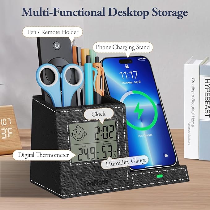 TopMade Wireless Charger with Pen Holder, Leather Desk Nightstand Organizer Home Office Supplies Pencil Holder Fast Charging Station, Digital Thermometer and Humidity Gauge Gifts for Men(Black)
