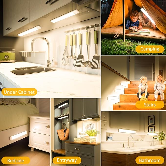 51-LED Motion Sensor Under Cabinet Lights, Magnetic Rechargeable Under Counter Closet Lighting, Wireless Light Bar Stick-On, 2-Pack, Warm White