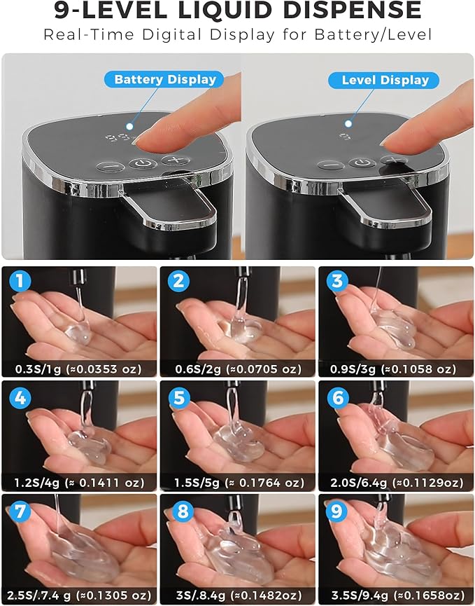 2 Pack Automatic Liquid Soap Dispenser, 13.5oz/400mL, USB Rechargeable, 9-Adjustable Liquid Levels, IPX5 Waterproof, Touchless & Wall/Tabletop Use for Kitchen Bathroom, Black