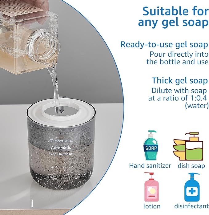 Automatic Soap Dispenser for Kitchen Sink - Wall-Mount & Countertop: 4-Level Adjustable, 13.5oz Clear Plastic IPX5 Rechargeable, Suitable for Kitchen Sink & Bathroom (White)