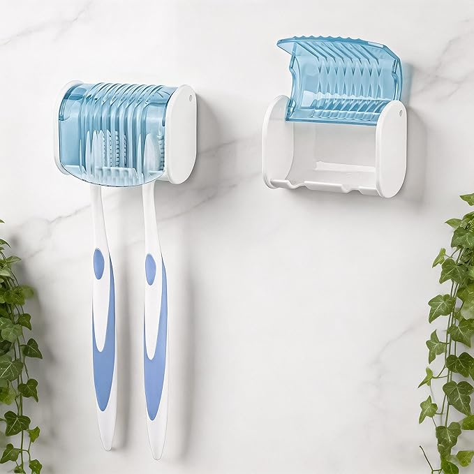 2 Pack Toothbrush Holder Wall Mounted with Cover for Bathroom, 2 Slots Toothbrush Storage Organizer for Shower, Self Adhesive Toothbrush Hanger (Blue)