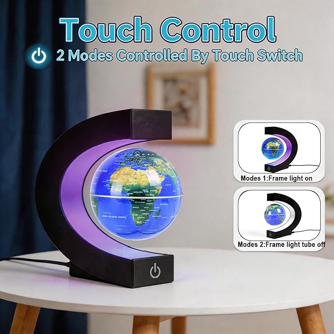 Magnetic Levitation Floating Rotating World Globe with LED Frame Lights, C Shape Levitating Globe, Touch Switch Night Light, Cool Tech Gifts for Men Dad Boys Kids, Office Desk Decor and STEM Gift