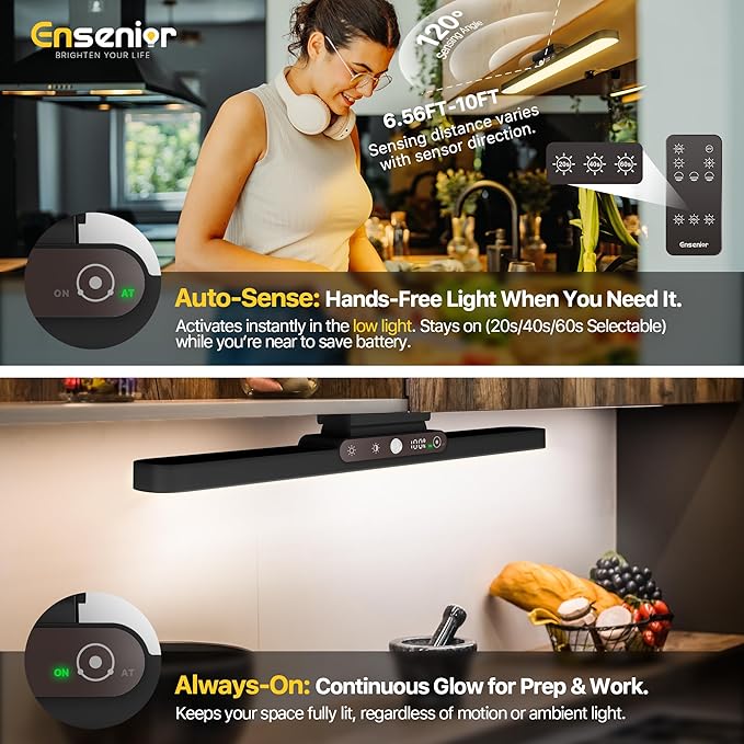 5W Rechargeable Motion Sensor Light Bar, 2000mAh Dimmable Under Cabinet Lighting Wireless with Digital Battery Display, 130° Rotatable Magnetic Closet Lights, Remote Control Stick on Lights Dorm