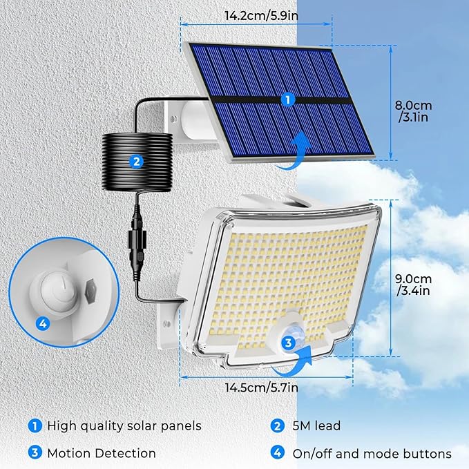 Peasur 1 Pack Solar Motion Lights Outdoor, 318 LED Solar Security Light with 3 Modes, IP65 Waterproof Powered Flood Lights for Outside Garden Backyard, Warm (White Frame)
