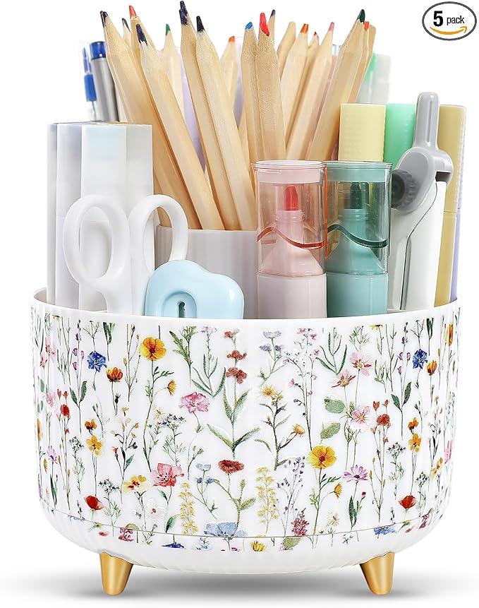 SKYDUE 360 Degree Rotating Desk Organizer, Dual-Purpose Pencil Pen Holder for Desktop, Desk Pen Organizer with 5 Slots, Office Supplies, Pencil Cup for Office, School, Home