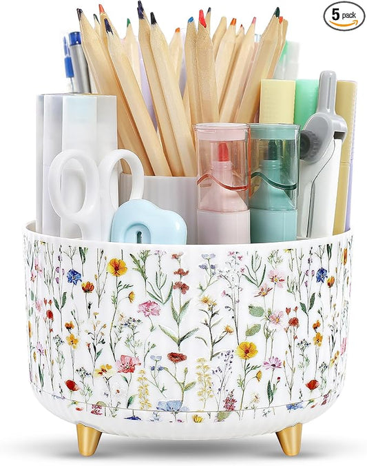 SKYDUE 360 Degree Rotating Desk Organizer, Dual-Purpose Pencil Pen Holder for Desktop, Desk Pen Organizer with 5 Slots, Office Supplies, Pencil Cup for Office, School, Home