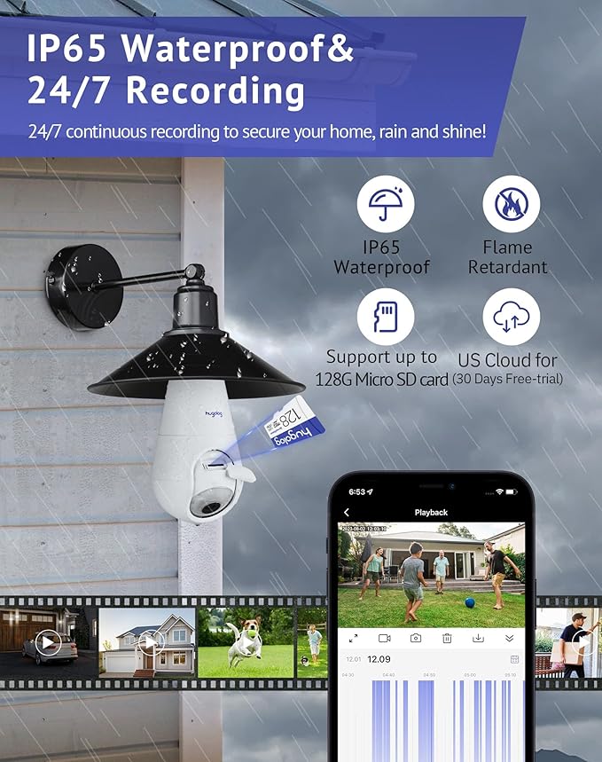 Hugolog 2K Light Bulb Security Cameras Wireless Outdoor-2.4GHz Cameras for Home Security Indoor with AI Motion Detection,Clear Color Night Vision,360°Auto Tracking,Siren Alarm,24/7 Recording