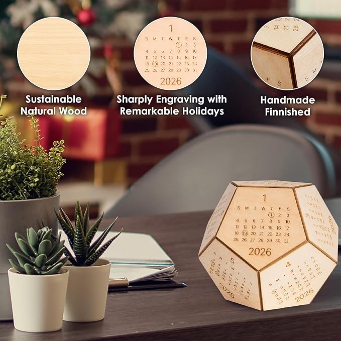 2026 Wooden Desk Calendar Cube – Dodecahedron Office Decor, Unique New Year Gift for Men Women, Gifts for Coworkers Employees Boss, Chinese New Year Gifts, Valentines Day Gifts For Him