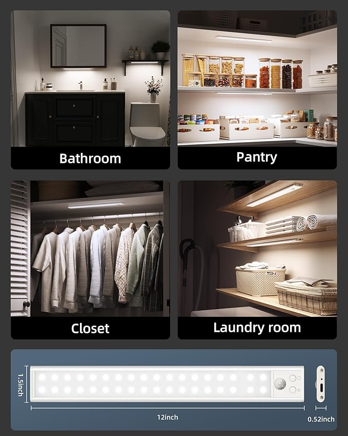 12inch Under Cabinet Lights, Motion Sensor Light Indoor, 2200mAh Rechargeable Battery, Wireless, Magnetic, 5 Levels Dimmable Closet Lights, Under Counter Lights for Kitchen, Bathroom (2 Pack)