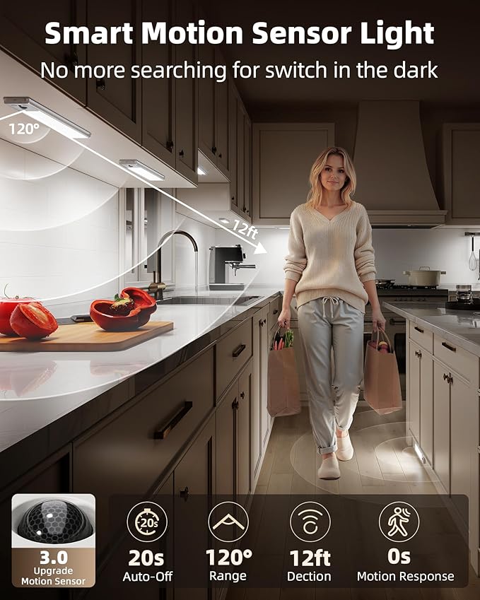 EZVALO 3-Pack Under Cabinet Lighting, 2400mAh Rechargeable Motion Sensor Light, 10inch Magnetic Closet Lights with Dimmable & 3 Color Temps, Wireless Motion Activated Lights with Remote for Kitchen