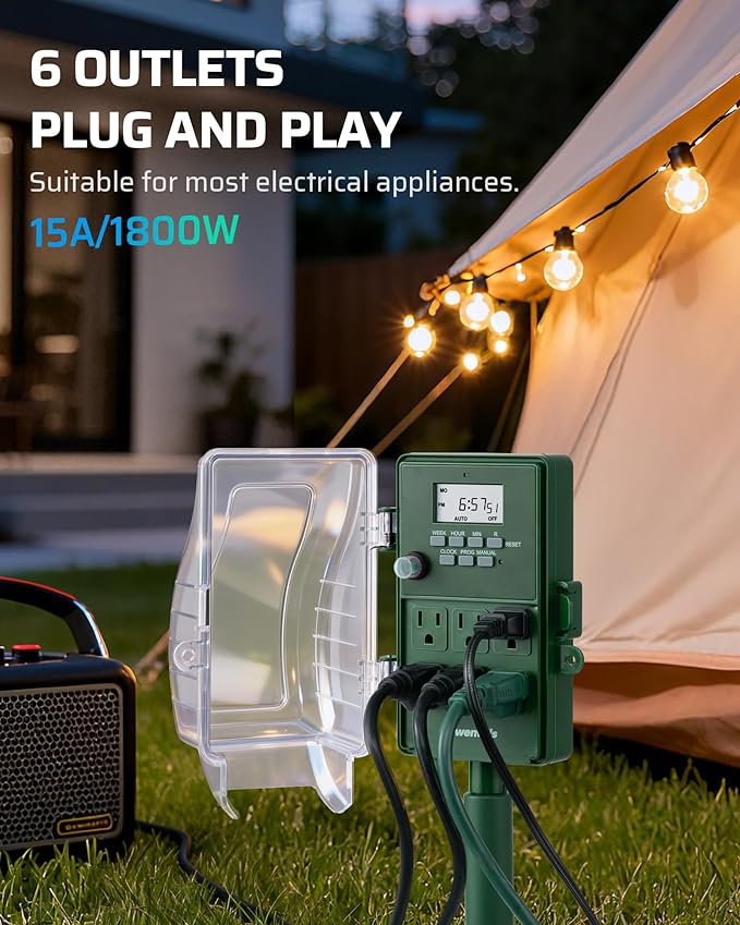 DEWENWILS Outdoor Digital Power Stake Timer, 1800W/15A with 6 Grounded Outlets, 6FT 14/3C Extension Cord, Waterproof Heavy Duty Outlet for Lights, Yard, Garden, ETL Listed