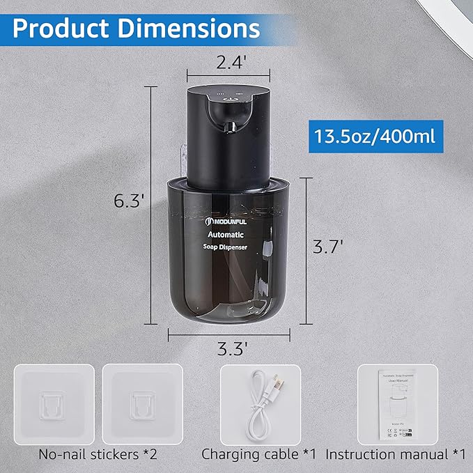 Automatic Foaming Soap Dispenser for Bathroom: 4-Level Adjustable Countertop/Wall Mount Hand Soap Dispenser, 13.5oz/400ml Type-C Rechargeable – Suitable for Kitchen, Bathroom, Office, Hotel (Black)
