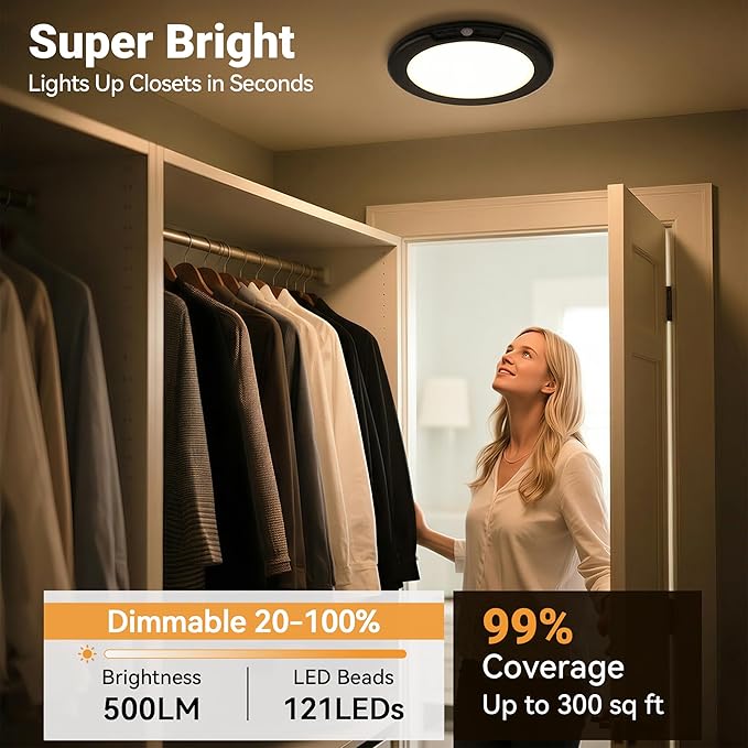 Wireless Closet Lights Motion Sensor - Black Rechargeable Ceiling Light Night Light Indoor, Battery Operated Led Lights for Bedroom with Remote, Living Room Bathroom Home & Kitchen Decor Lighting