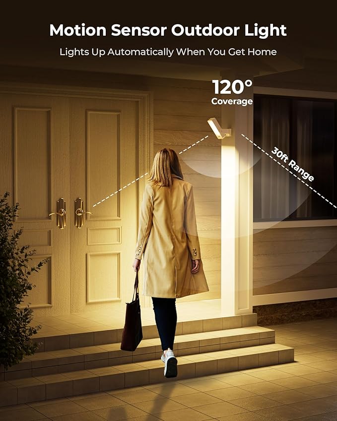 2 Pack Motion Sensor Outdoor Lights, 10000mAh Rechargeable 600 Lumen Battery Operated Outdoor Wall Lights with 3 Modes, 3 Colors, IP65 Waterproof Outdoor Security Lights for Fences, Garage, Patio
