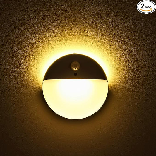 YUNLEX 2 Pack Motion Sensor Night Light, Gold Yellow, 3 Lighting Modes, Stepless Dimming, Battery-Powered, Dimmable LED, Suitable for Bedroom, Bathroom, Stairs, Corridors, Closets