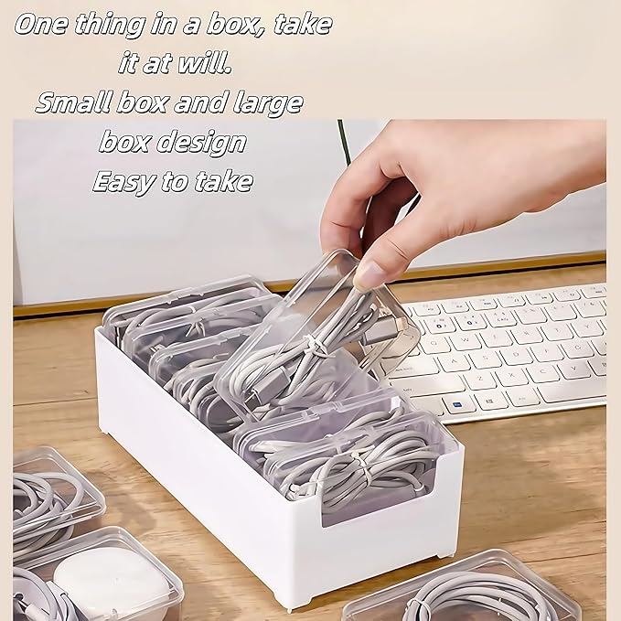 7 Box Cable Organizer Storage Box, Desktop Cable Management with Switch, Power Cord Organizer for Office,Home,Desk Accessories Storage Stationery Supplies and Accessories（Clear
