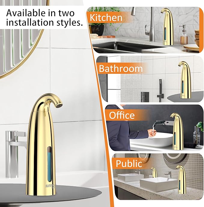 Automatic Liquid Soap Dispenser Touchless, Hand & Dish Countertop Gold Electric Dispenser with Sensor,Modern 4 Gear Adjustable Waterproof Battery Operated Kitchen Auto Soap Pump