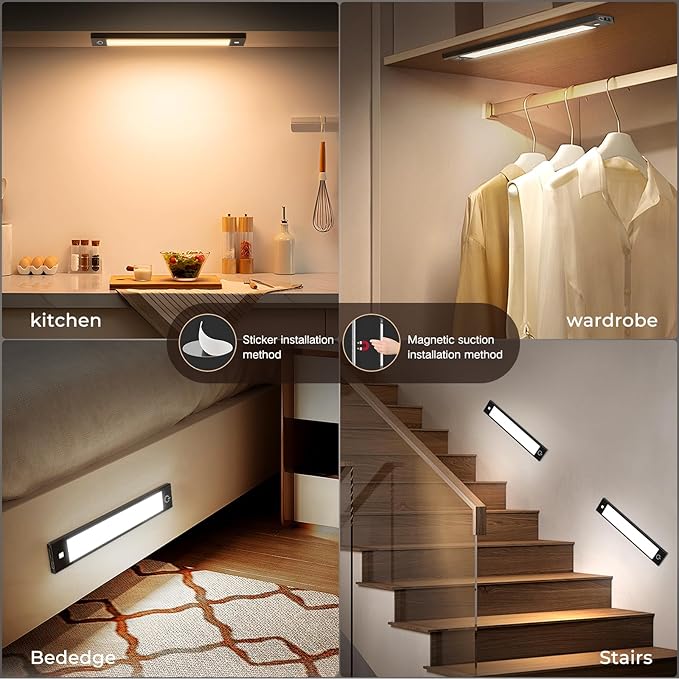 VST Under Cabinet Lighting Wireless 2 Pack, Rechargeable 1800mAh Motion Sensor LED Closet Light, 3 Color Temperature Dimmable, Magnetic Step Night Light for Kitchen Stairs Wardrobe