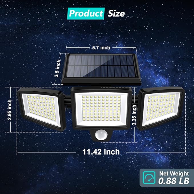 Tuffenough Solar Outdoor Lights 2500LM 210 LED Security Lights with Remote Control,3 Heads Motion Sensor Lights, IP65 Waterproof,270° Wide Angle Flood Wall Lights with 3 Modes(2 Packs)