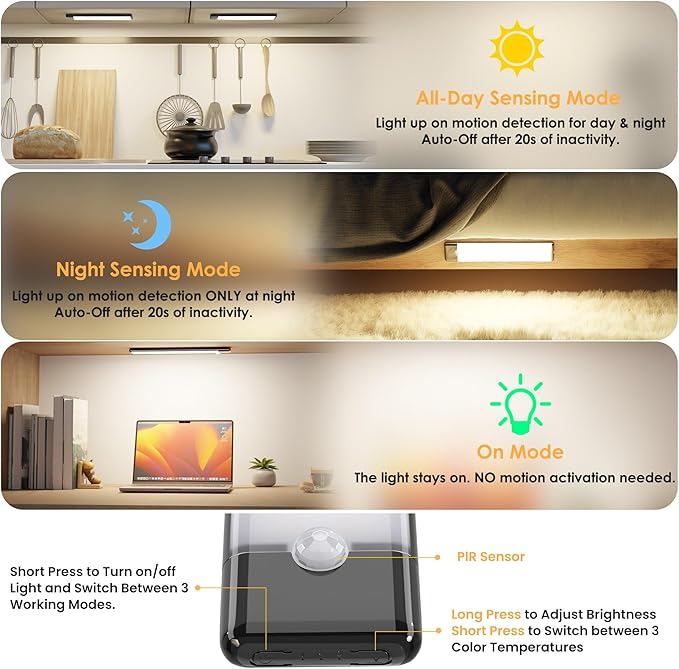 5-Pack Motion Sensor Under Cabinet Light, 3 Color Temperature Dimmable Rechargeable Magnetic Closet Light 7.9 inch Wireless Under Counter Light, Black