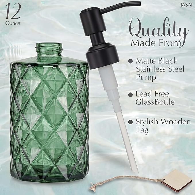 JASAI Forest Green Glass Soap Dispenser with Black Rustproof Pump, Refillable Small Soap Dispenser for Kitchen and Bathroom.