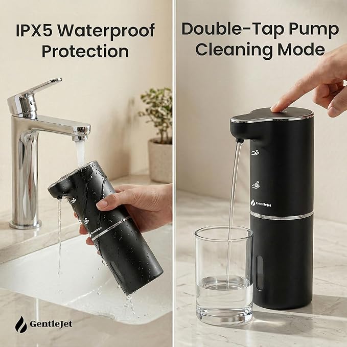 GentleJet JetFoam Automatic Foam Soap Dispenser Touchless Sensor, USB-C Rechargeable, Adjustable Output, IPX5 Waterproof, 300 ml, Bathroom & Kitchen Countertop