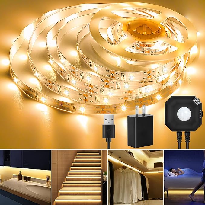 9.84ft Motion Activated LED Strip Lights, Warm White, Non-Waterproof, USB Powered, with Motion Sensor and Automatic Shut-Off Timer