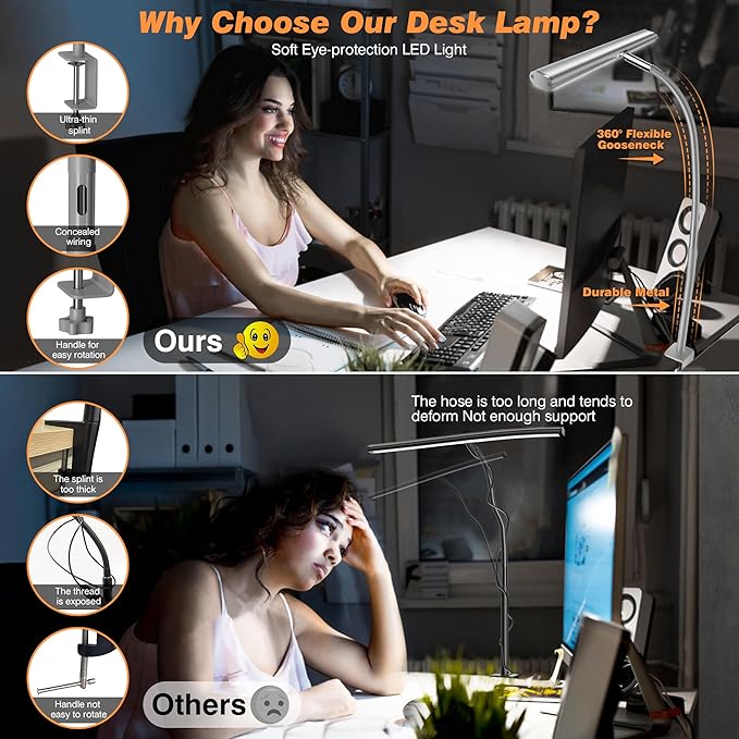 Airlonv LED Desk Lamp for Office Home, Eye-Caring Desk Light with Stepless Dimming Adjustable Flexible Gooseneck, 10W USB Adapter Desk Lamp with Clamp for Reading, Study, Workbench (Grey)
