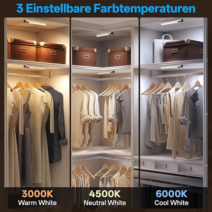 Under Cabinet Lighting,LED Closet Lights,Rechargeable Motion Sensor Light Indoor,3 Colors Dimmable,Magnetic Installation for Kitchen,Wardrobe,Bedroom,Drawer 6Pack