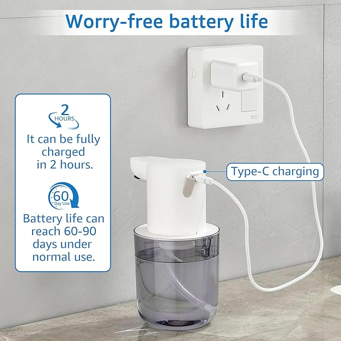 Automatic Foaming Soap Dispenser for Bathroom: 4-Level Adjustable Countertop/Wall Mount Hand Soap Dispenser, 13.5oz/400ml Type-C Rechargeable – Suitable for Kitchen, Bathroom, Office, Hotel (White)