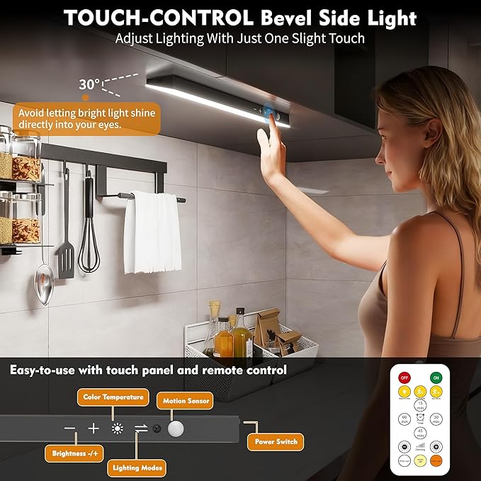 12inch 1Pack Touch Control Under Cabinet Lighting, 160LED Super Bright, 4000mAh Long-Lasting, Magnetic Rechargeable Motion Sensor Under Counter Lights for Kitchen, Closet, Remote, Dimmable, 3CC丨Black