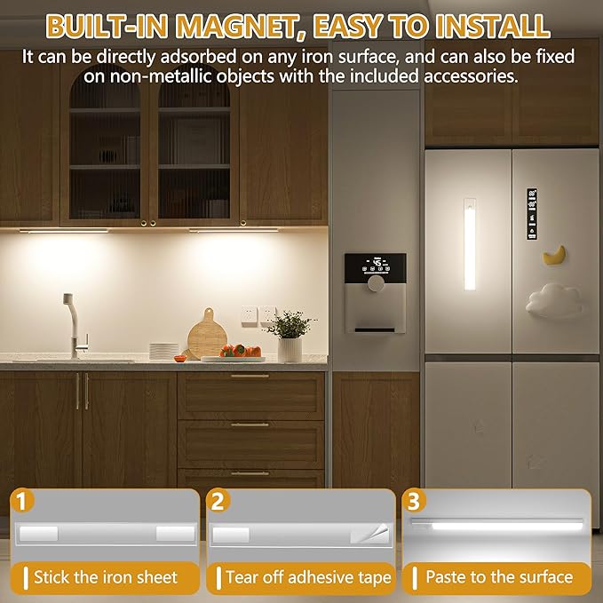 Under Cabinet Lights Motion Sensor 3 Color Temperatures LED Closet Light, USB-C Rechargeable Under Counter Lights Night Light for Kitchen, Wardrobe (Silver - 3 Color, 12.2 Inch - 3 Pack)