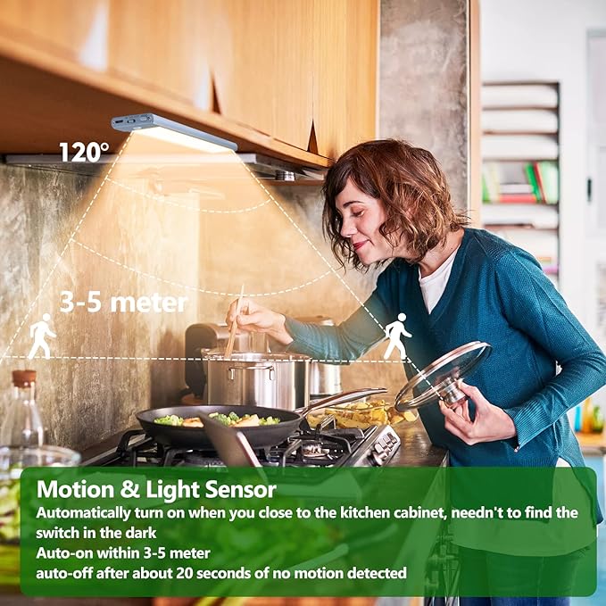 HIBOITEC Under Cabinet Lighting Motion Sensor Lights Indoor, 3 Color Temperatures Wireless Rechargeable Closet Light, Dimmable Under Counters Light for Kitchen, Wardrobe, Closets, Cupboard, 1Pack