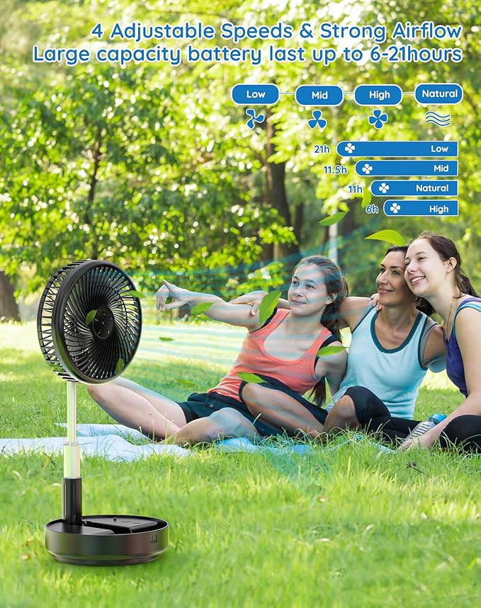 Primevolve Portable Fan, |21H Battery|7200mAh Rechargeable Oscillating Fan with Remote, Foldable Telescopic 7.7" for Travel Camping Cruise Hotel Bedroom, Black