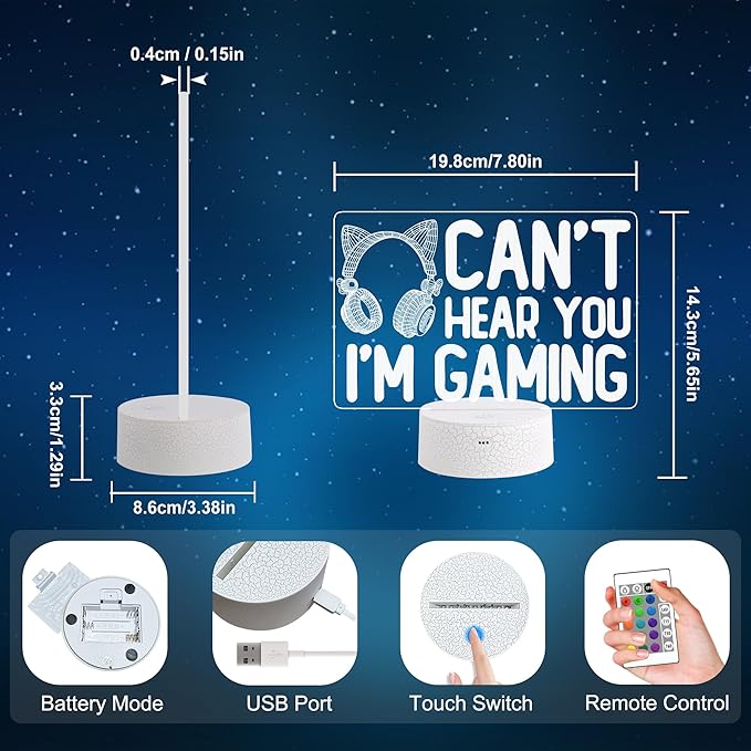YuanDian Can't Hear You I'm Gaming Night Light, Headset Graphic Video Games Gamer Gift Funny 3D Illusion Lamp 16 Colors Changing Touch & Remote Control for Women Gamers Teenagers and Girls