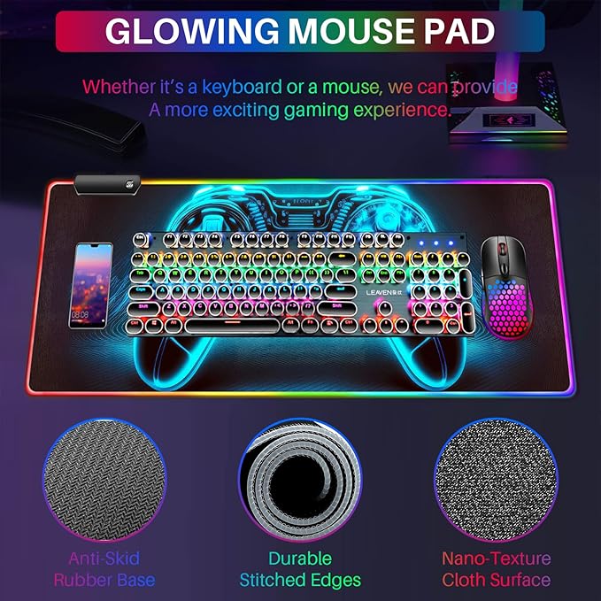 XL Led Gaming Mouse Pad with 14 Light Modes - Light Up Gamer Mouse Pad,31.5 x 11.8in Non-Slip Gamepad Style RGB Large Gamer Mousepad,Black Long Glowing Gaming Accessories for Desk,Waterproof