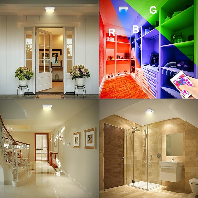 BIGMONAT Motion Sensor Light Battery Operated, Wireless Ceiling Light with Remote, Dimmable Color Changing Light for Shower Closet Pantry Hallway Cabinet Bedroom Dorm Bathroom, 250LMs, 2 Pack