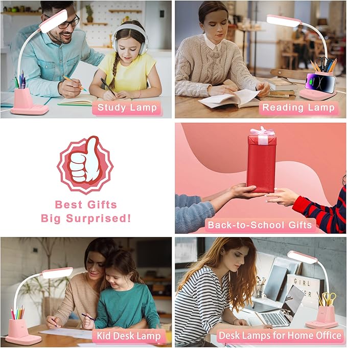 Pink Desk Lamp, Small Desk Lamp with Pen Holder, Wireless Charger LED Desk Lamps for Home Office, Kids Desk Lamps 800LM Flexible Arm 3 Modes Dimmable Touch, Study Lamps for College Dorm Room