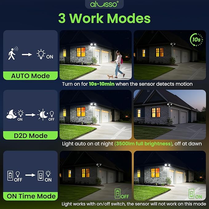 ALUSSO Motion Sensor Outdoor Lights, 30W 3500LM Flood Lights Outdoor 120V, 3 Modes (Dusk to Dawn/Auto/On Time), 3CCT 3000K/4000K/6500K Waterproof Hardwired Security Light ETL Listed for Porch, 2PCS