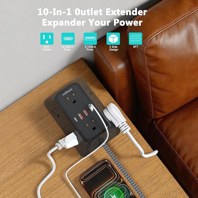 Surge Protector Power Strip with 6 Widely AC Outlets 4 USB Ports(2 USB C), 5 Ft Braided Power Cord, 3-Side Outlet Extender with Overload Protection for Office, Home, Travel Essential