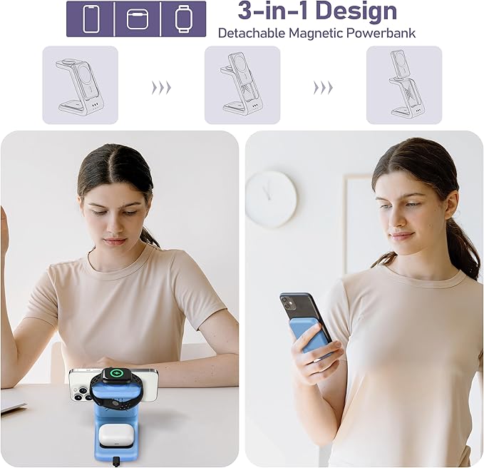 Smtcsl 3 in 1 Wireless Charging Station: 5000mAh Removable Power Bank Charger Stand for Phone/Watch/Air Pods - Portable Magnetic Battery Pack for Air 17 16 15 14 13 12 Series Blue