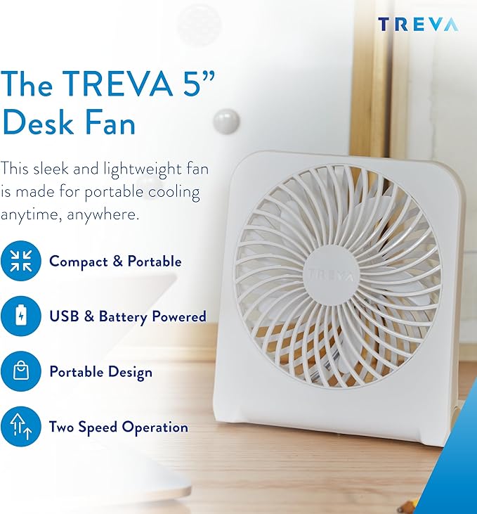 Treva 5-Inch USB and Battery Powered Desk Fan With Two Cooling Speeds and Adjustable Tilt, Small USB Fan Cubicle Accessories Durable and Long Lasting (White)