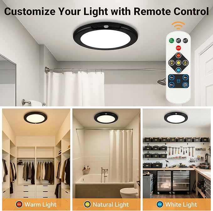 Wireless Closet Lights Motion Sensor - Black Rechargeable Ceiling Light Night Light Indoor, Battery Operated Led Lights for Bedroom with Remote, Living Room Bathroom Home & Kitchen Decor Lighting