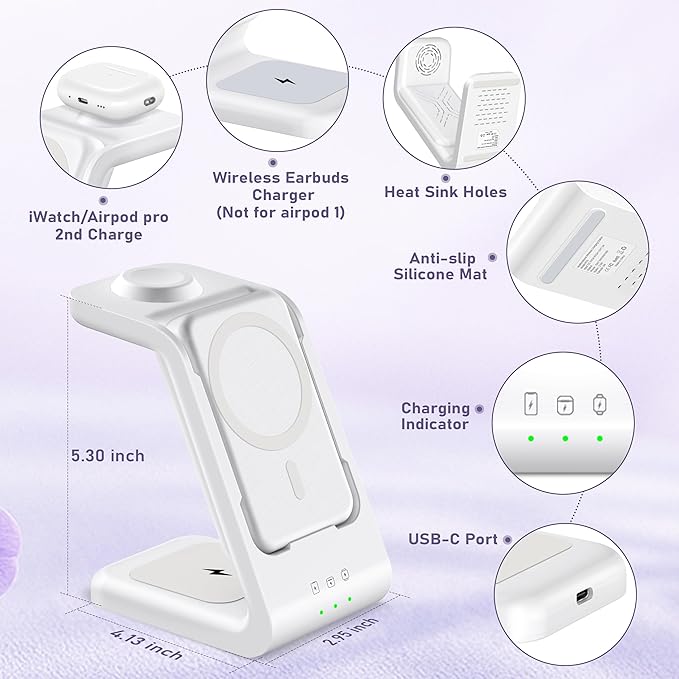 Smtcsl 3 in 1 Wireless Charging Station: 5000mAh Removable Power Bank Charger Stand for Phone/Watch/Air Pods - Portable Magnetic Battery Pack for Air 17 16 15 14 13 12 Series White