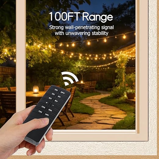 GMY Outdoor Dimmer for String Lights, Remote Dimmer Switch with Timer, Dimmer Plug Compatible with Dimmable LED/Tungsten Bulbs，IP44，100FT Range, Max Power 400W, FCC