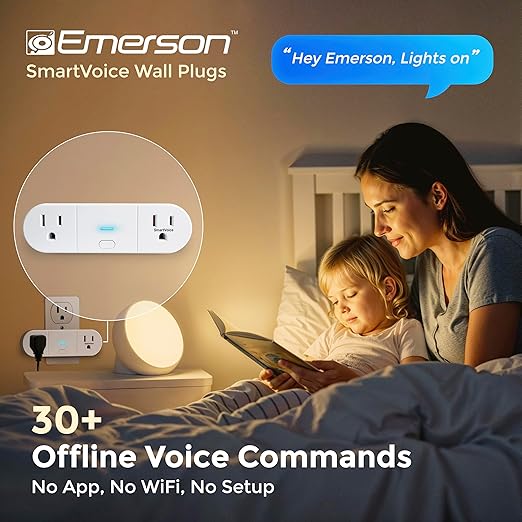 Emerson SmartVoice 2-in-1 Dual Smart Wall Plug Outlet, Voice Control, No WiFi or App, Outlet Extender with Sleep & Wake Timer, Hands-Free Control, ETL Listed
